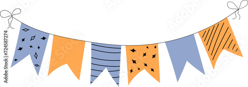 Flag garland bunting heart, star birthday party flat set. Anniversary, celebration party hanging flags cartoon collection. Buntings pennants, festival decoration. 