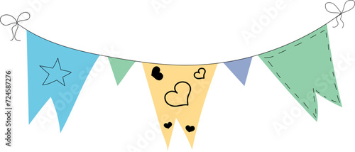 Flag garland bunting heart, star birthday party flat set. Anniversary, celebration party hanging flags cartoon collection. Buntings pennants, festival decoration. 