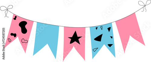 Flag garland bunting heart, star birthday party flat set. Anniversary, celebration party hanging flags cartoon collection. Buntings pennants, festival decoration. 