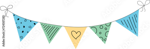Flag garland bunting heart, star birthday party flat set. Anniversary, celebration party hanging flags cartoon collection. Buntings pennants, festival decoration. 