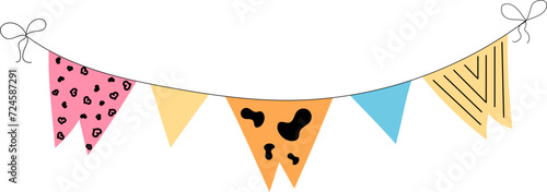 Flag garland bunting heart, star birthday party flat set. Anniversary, celebration party hanging flags cartoon collection. Buntings pennants, festival decoration. 