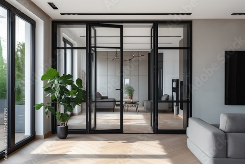 french black alluminum doors inside of a modern living room, minimalist © World of AI