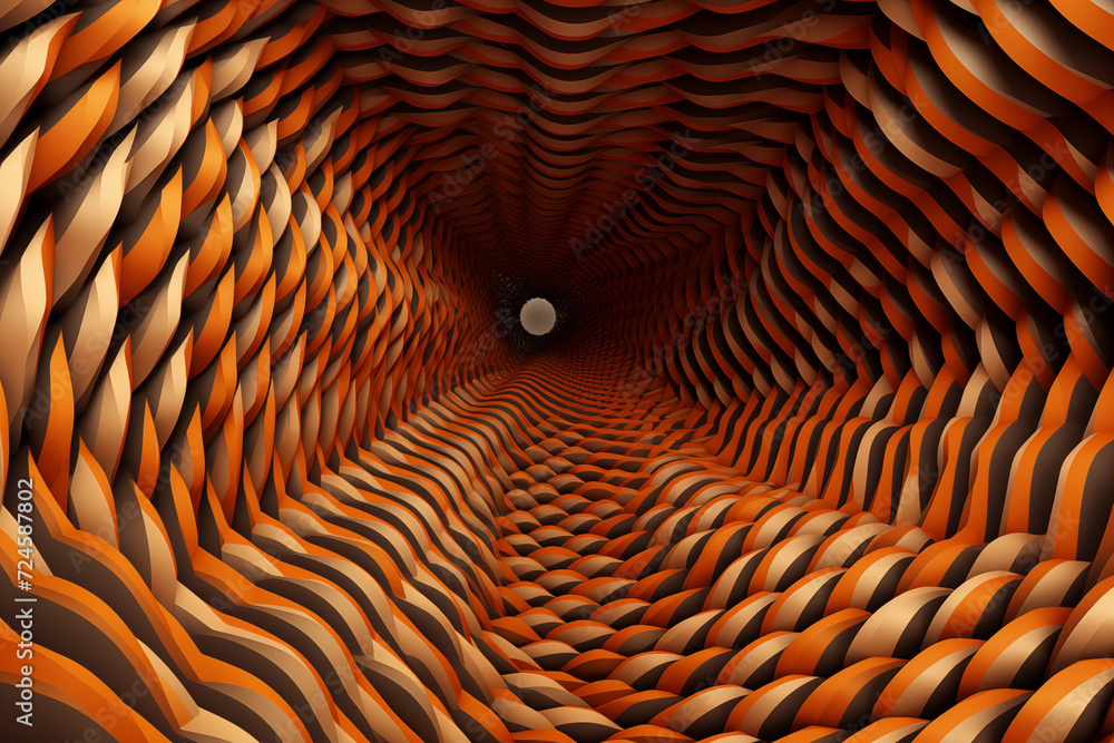 3d illustration of an orange tunnel with a light coming through it - obrazy, fototapety, plakaty 