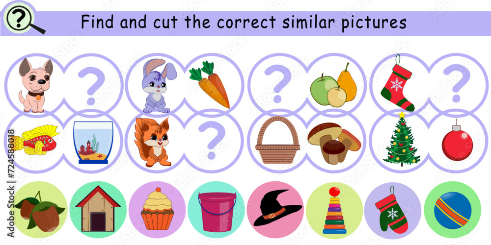 Find the correct similar pictures. Logic game for children. Vector illustration.	