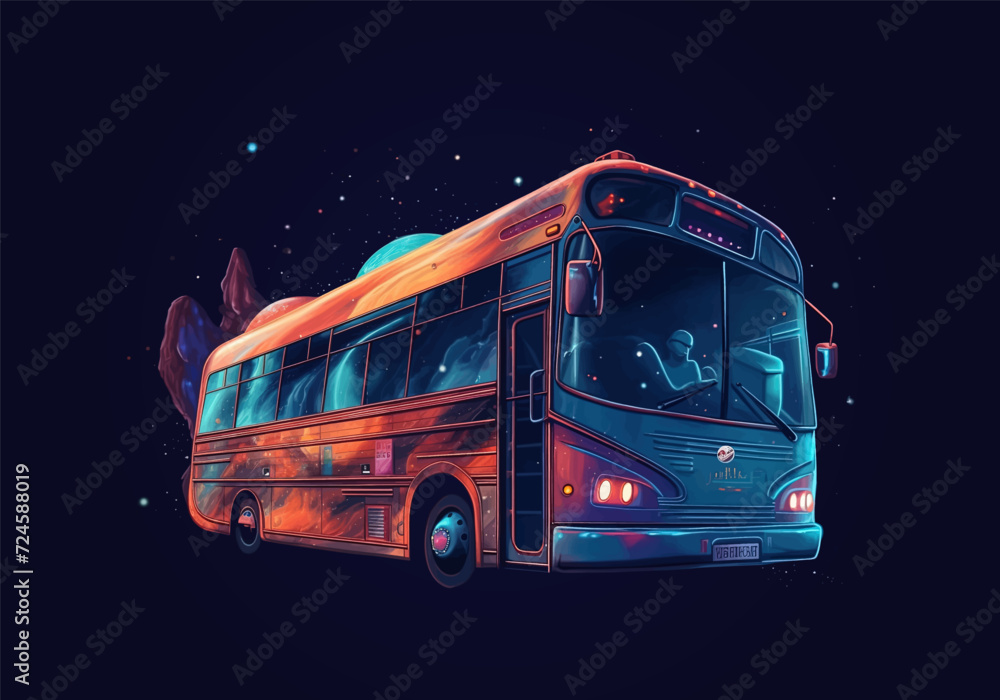 Bus in space in futuristic color palette. Space travel, space taxi. Vector illustration EPS 10