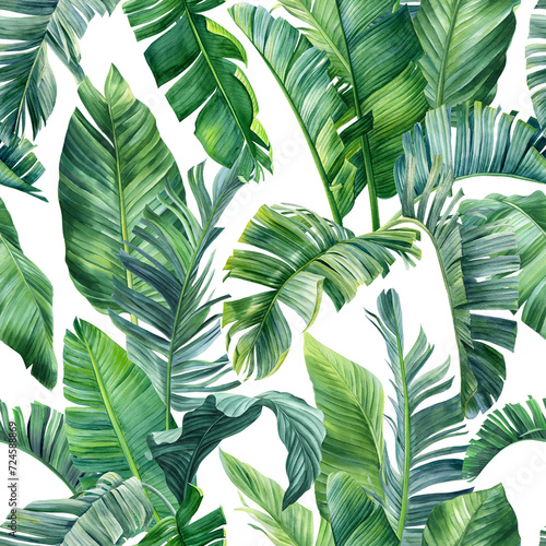 Tropical exotic green palm leaves, plants, floral background. Botanical Seamless pattern, watercolor summer wallpaper photo