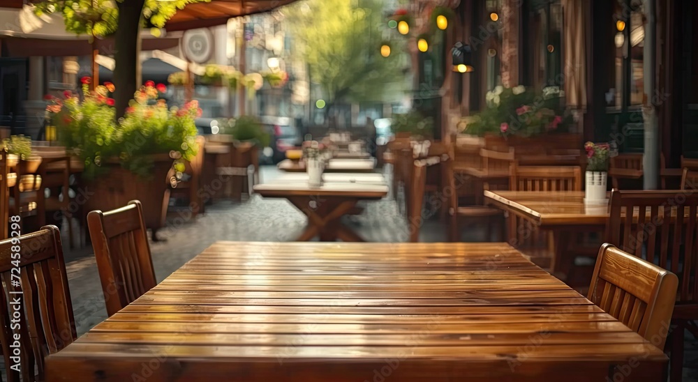 Elegant wooden table in restaurant with blurred bokeh background. Vintage cafe ambiance with cozy interior design. Abstract business setting in pub with retro decoration perfect for dining