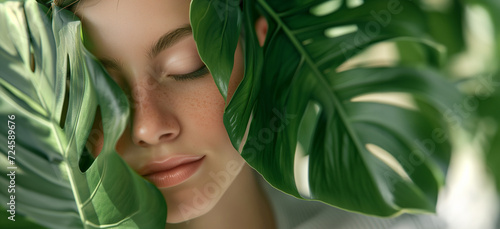 Close-up portrait of a woman with freckles. Studio shot with a green leaf and copy space on a light background. Skincare and natural beauty concept. Design for banner, poster, cosmetic advertising