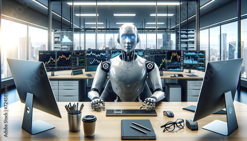 humanoid robot trading on stock exchange in the office photo