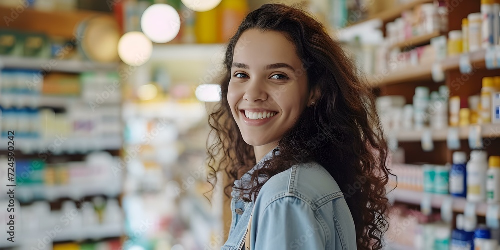 Smiling young woman in a store aisle, casual style. approachable customer in retail. everyday shopping experience. lifestyle portrait. AI