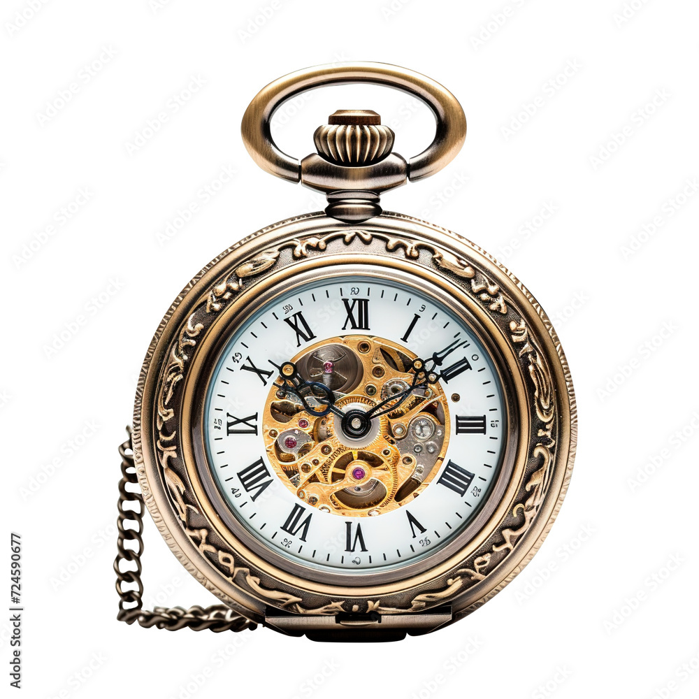 antique pocket watch on transparent background, clipping path, png, 