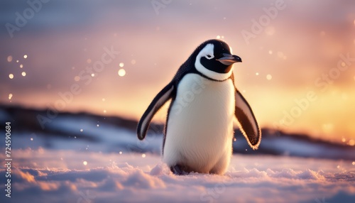 Charming penguin in snowy sunset