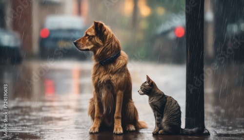 Companions in the rain: dog and cat side by side