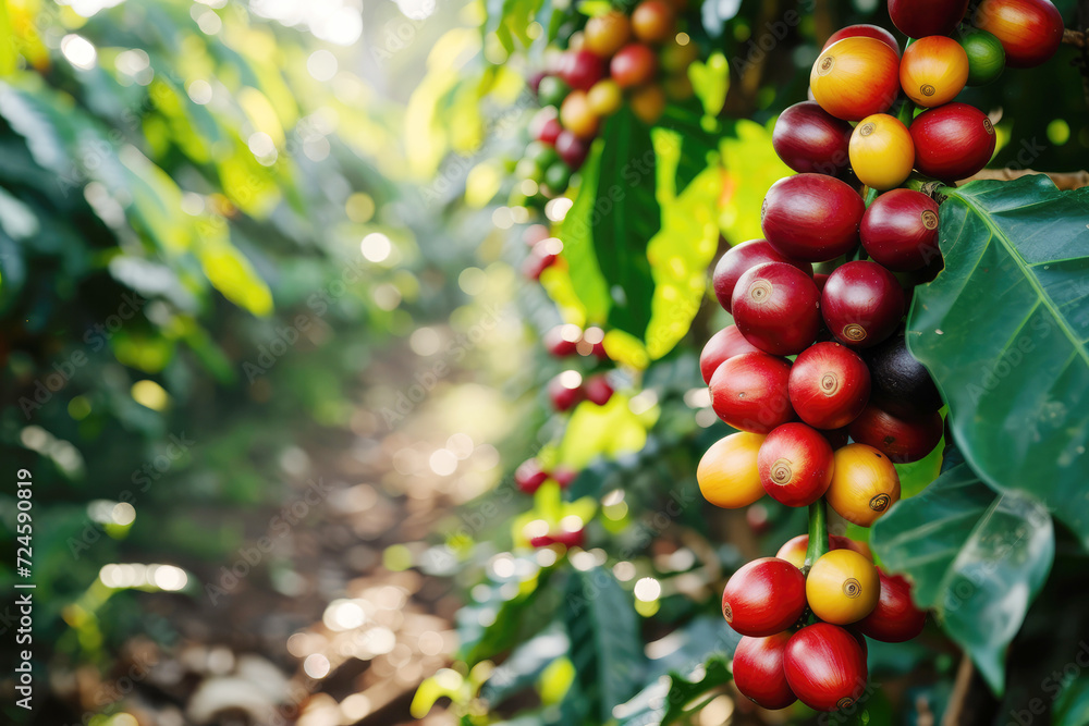ripe coffee fruits on a tree at a coffee plantation close-up, copy space