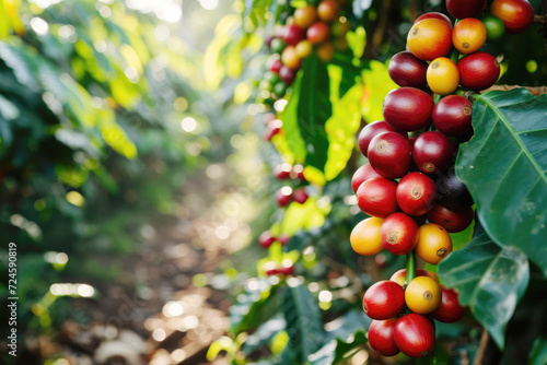 ripe coffee fruits on a tree at a coffee plantation close-up  copy space