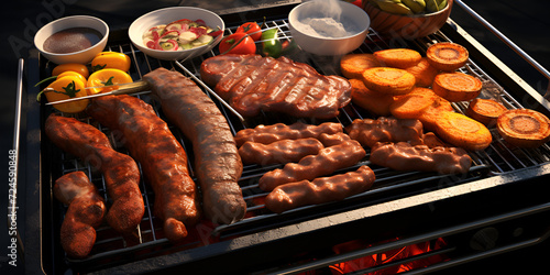 Succulent vegetables and meat preparing on grill. aerial view of steak pieces on large barbecue grill, 