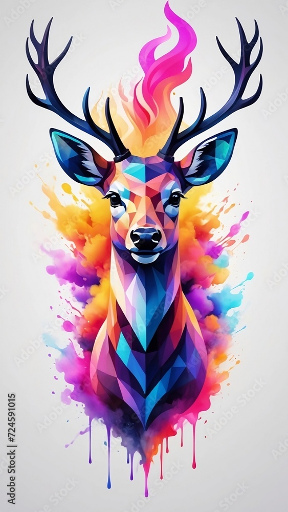 Geometric Deer in Vibrant Smoke, Vector Art with Watercolor Hues
