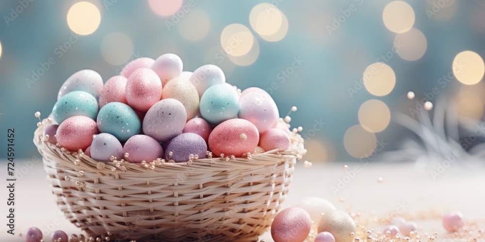 easter banner with decorations, basket, sparkling bokeh, pastell colors. ai generated