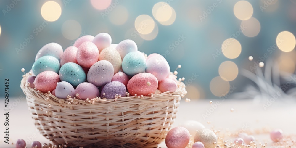 easter banner with decorations, basket, sparkling bokeh, pastell colors. ai generated easter banner with decorations, basket, sparkling bokeh, pastell colors. ai generated
