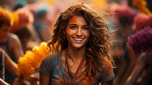 Happy Indian woman enjoying the Holi festival with color powder. selective focus, selective focus on subject, background Blur,