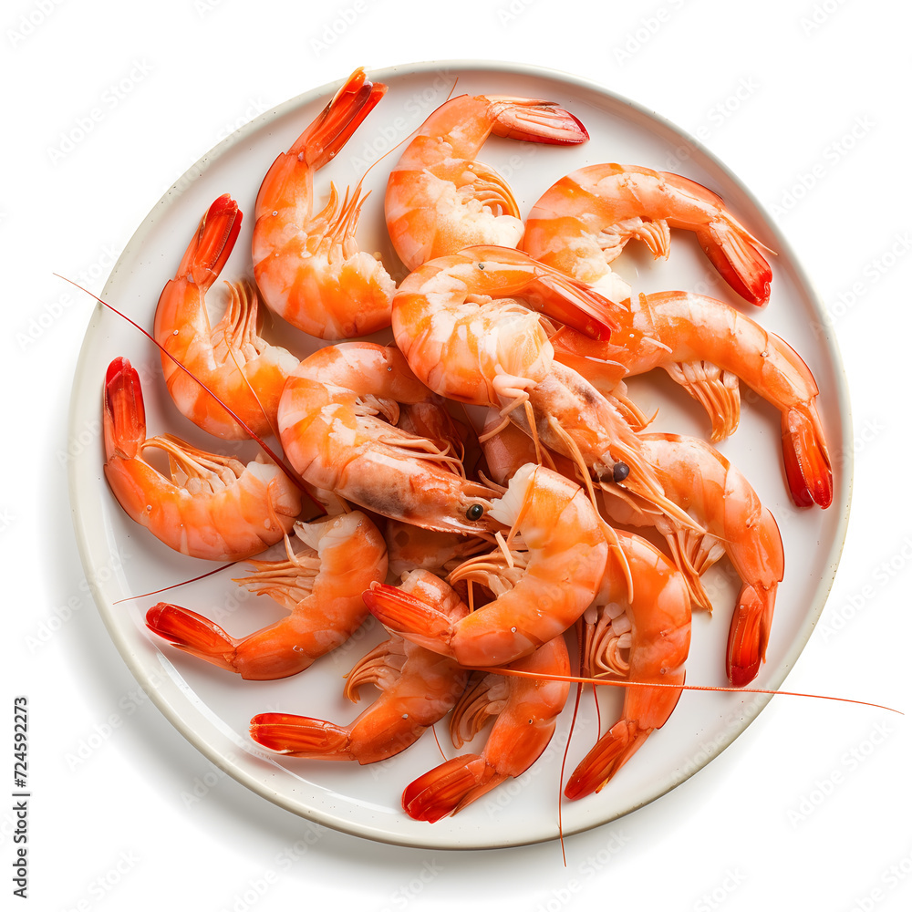 Boiled wild tiger shrimps close-up on a plate top view isolated on white Boiled wild tiger shrimps close-up on a plate top view isolated on white