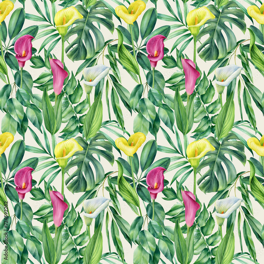 Obraz premium Tropical flower, Palm leaf watercolor botanical summer Seamless pattern. Watercolor tropical background hand drawn flora