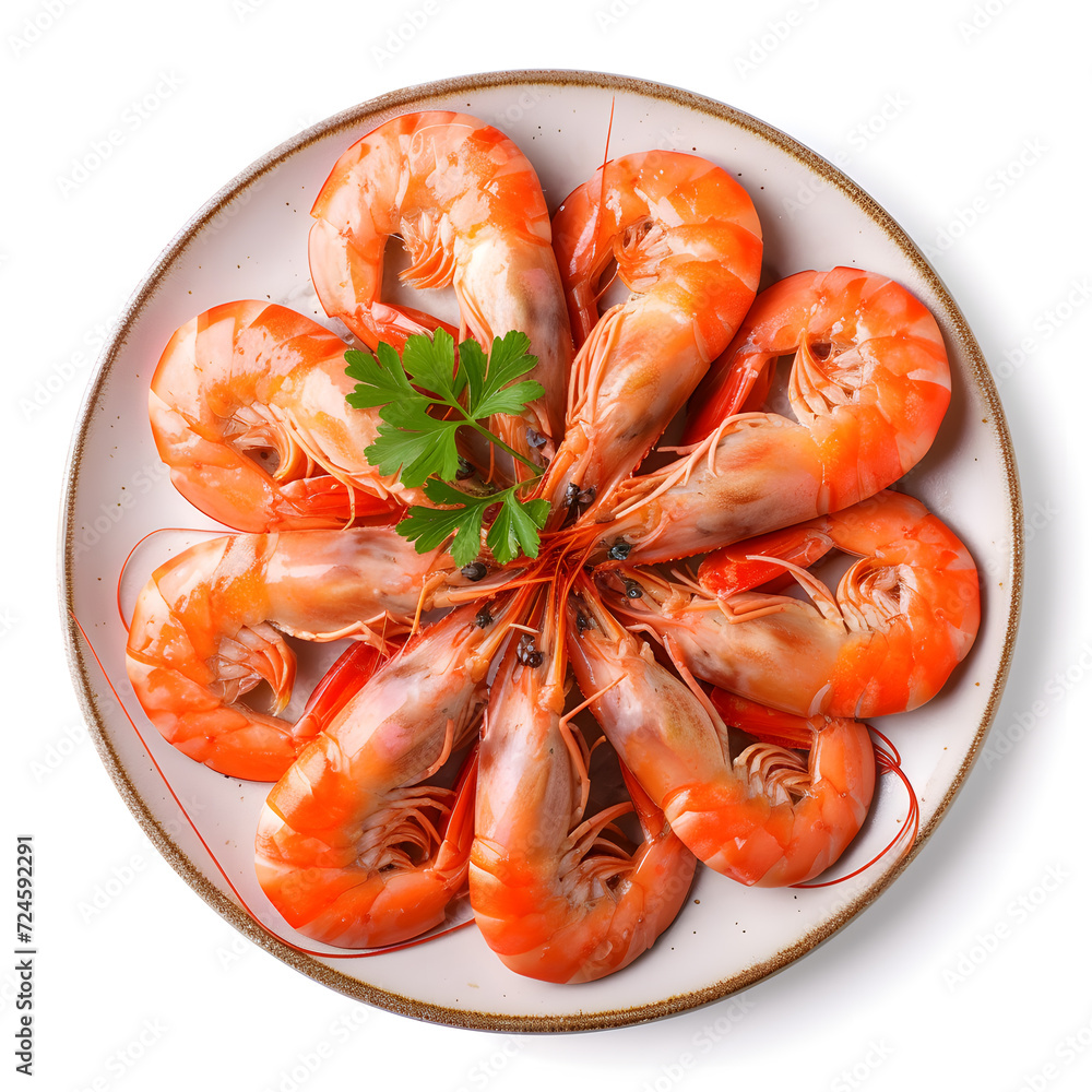 Boiled wild tiger shrimps close-up on a plate top view isolated on white Boiled wild tiger shrimps close-up on a plate top view isolated on white