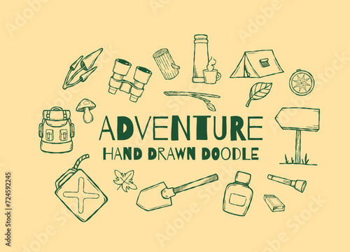 Hand drawn adventure doodle design elements vector illustration collection set
