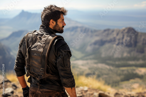 Handsome young man with backpack standing on top of a mountain and looking into the distance