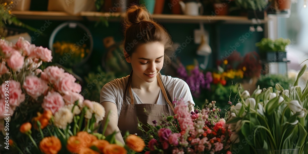 Young female florist arranging beautiful flowers in a cozy flower shop. creative floral design work. lifestyle image featuring small business. AI