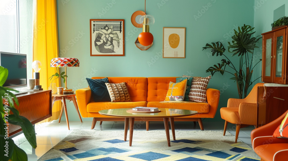 Fototapeta premium A modern retro living room with iconic furniture pieces, bold colors, and geometric patterns, paying homage to mid-century design