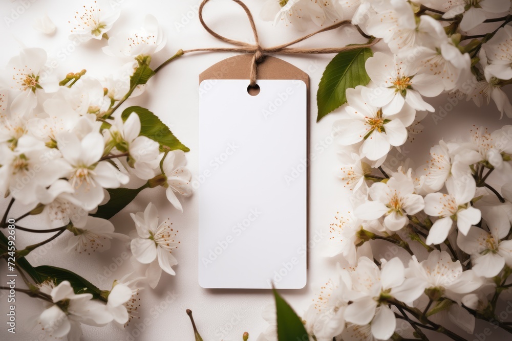 white card mockup next to spring flowers . ai generated white card mockup next to spring flowers . ai generated