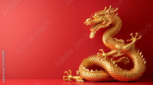 Gold dragon on red background for Chinese New Year, copy space, generative ai