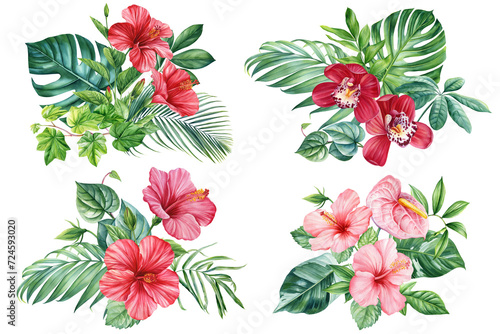 tropical plants, palm leaves and hibiscus flowers, jungle green leaves hand painted with watercolor, botanical painting