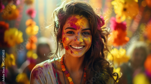 Portrait of young Indian face in paint Woman in traditional indian pink outfit with jeweler celebrating Holi color festival.girl with black hair with bindi on the head and snow-white smile © Mujahid