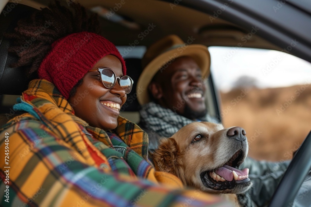 African couple with their dog are sitting in the car and driving for the weekend for leisure or travel