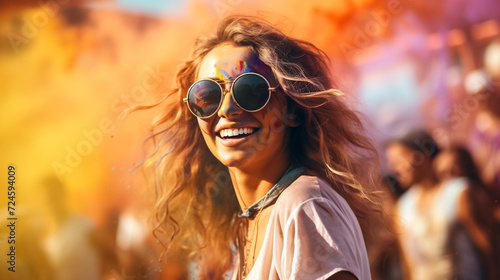 Holi Festival Of Colours. Portrait of happy indian girl in traditional hindu sari on holi color . india woman silver jewelry with powder paint on dress ,colorful pink and blue hair in Goa Kerala