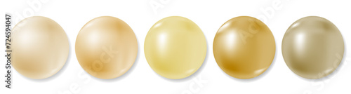 Realistic gold balls collection isolated on white. 3D sphere set, different shades from light beige to dark yellow. Vector clipart, jewelry pearl gem, plastic or metal beads with natural reflection.