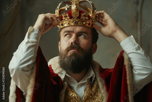 Ambitious self confident employee in king costume dreams of becoming business director. Bearded man in royal cloak and office shirt puts golden crown on head and looks away with dreamy face expressio photo