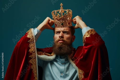 Ambitious self confident employee in king costume dreams of becoming business director. Bearded man in royal cloak and office shirt puts golden crown on head and looks away with dreamy face expressio