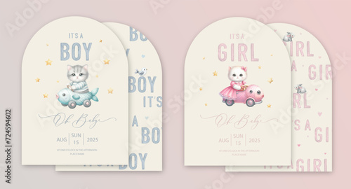 Cute baby shower watercolor arch invitation card with toy kitten sitting in a car shaped like a fish. Oh baby calligraphy.