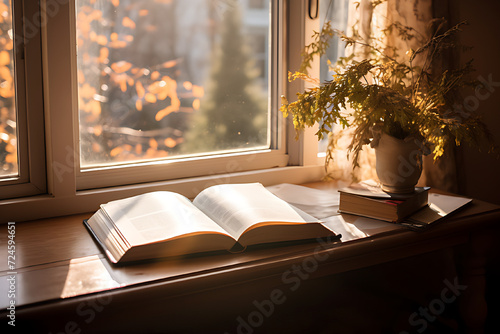 Wallpaper Mural A cozy reading nook with an open hardback book, soft natural light streaming through a nearby window. Torontodigital.ca