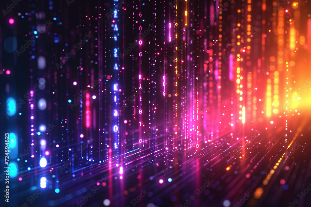 Digital binary code cascade in a neon-infused cityscape