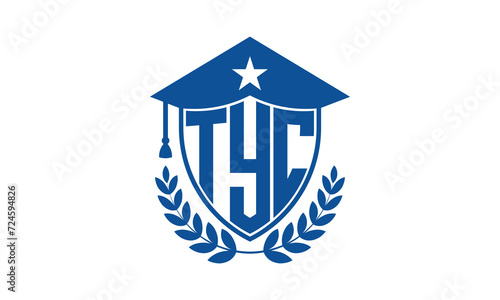 TYC three letter iconic academic logo design vector template. monogram, abstract, school, college, university, graduation cap symbol logo, shield, model, institute, educational, coaching canter, tech