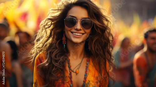 Portrait of young Indian face in paint Woman in traditional indian pink outfit with jeweler celebrating Holi color festival.girl with black hair with bindi on the head and snow-white smile