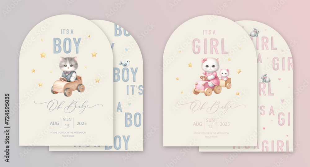 Obraz premium Cute baby shower watercolor arch invitation card with toy kitten sitting in a toy wood car. Oh baby calligraphy.