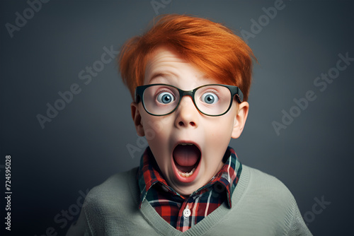 Surprised red-haired boy with glasses. © Nadezda Ledyaeva