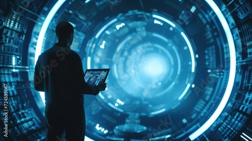 A scientist stands before a circular futuristic interface, analyzing complex data visualizations on a tablet, representing the convergence of science and advanced technology.