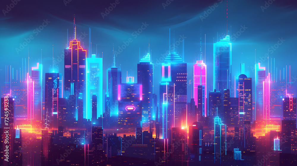 neon glowing buildings and futuristic elements for abstract background