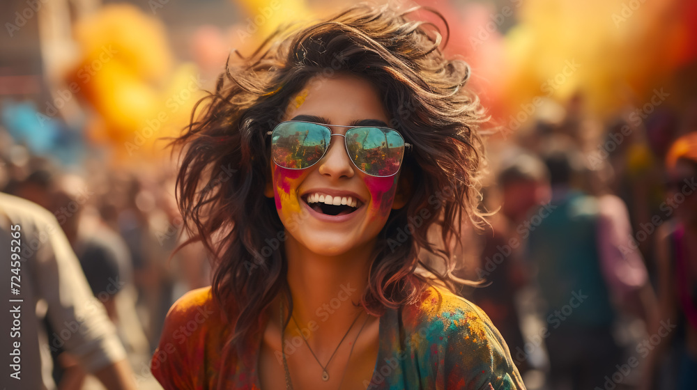Portrait of young Indian face in paint Woman in traditional indian pink outfit with jeweler celebrating Holi color festival.girl with black hair with bindi on the head and snow-white smile